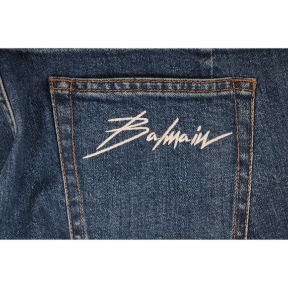 Balmain Men Slim Jeans Size 33x34 Blue Indigo Knee Slashed Distressed Logo Denim - Picture 8 of 8